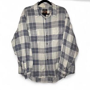 High Sierra Cotton Flannel Shirt Large Cream Grey Blue Plaid Casual